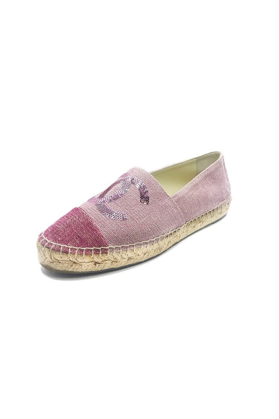 Chanel CC Logo Canvas Pink Sequin Espadrilles Flats Shoes 38